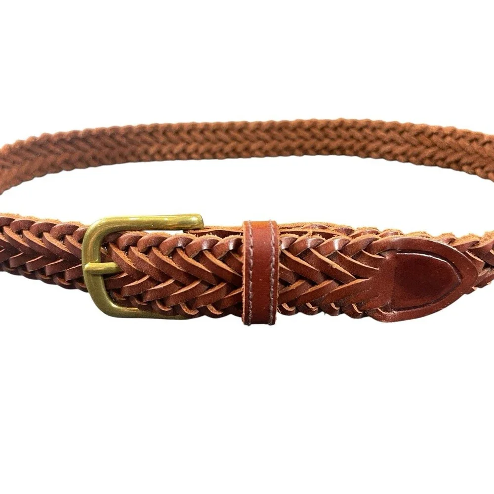 VTG Old Navy Kids Brown Braided Leather Belt Brass Buckle Woven Size L Y2K
